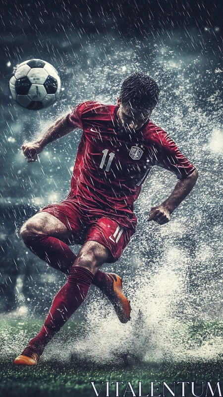 Storm‑soaked soccer hero leaping through pouring rain.