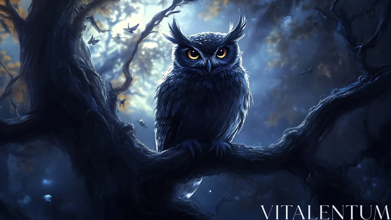 Moonlit owl on twisted branch in glowing forest night.