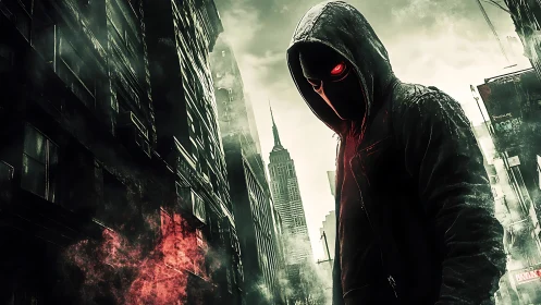 Hooded masked figure with red glowing eyes dominates desaturated cityscape