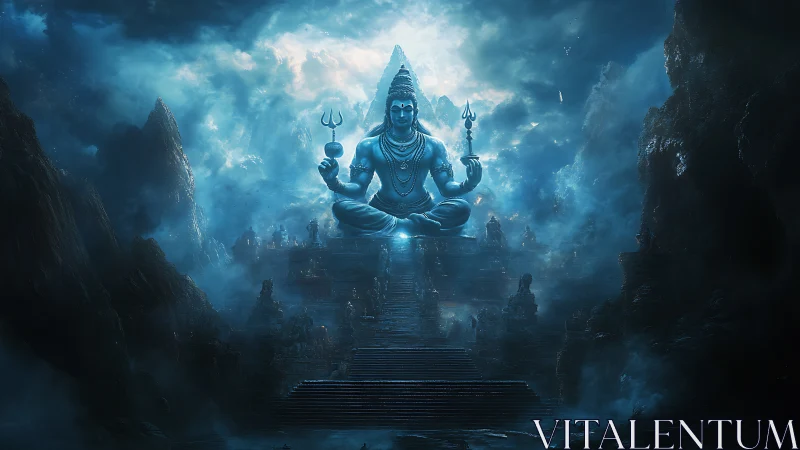 Colossal blue deity statue above misty mountain temple.