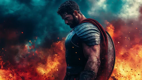 Brooding armored warrior amid blazing battlefield inferno.