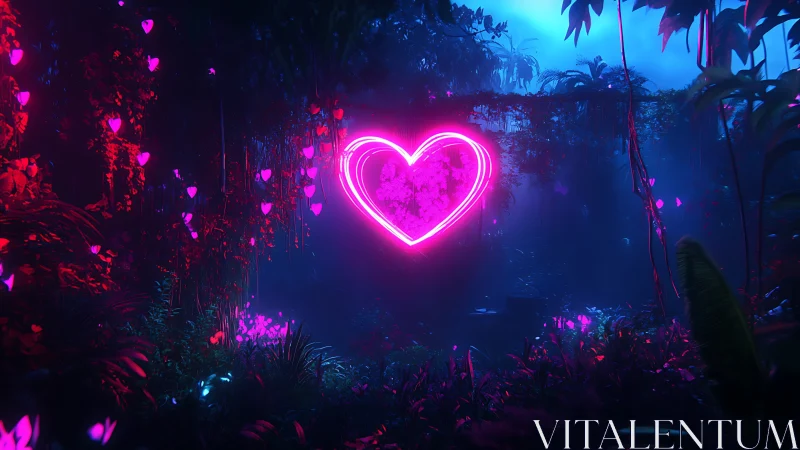 Neon pink heart glowing in dense tropical jungle night.