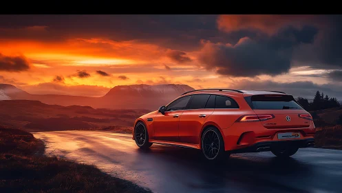 Orange touring car glows against stormy sunset highway