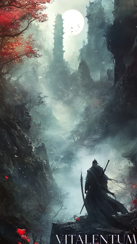 Lone warrior overlooking misty pagoda valley at moonrise.