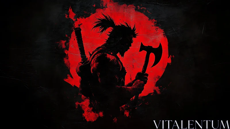 Silhouetted warrior concept art with blood-red circular backdrop.