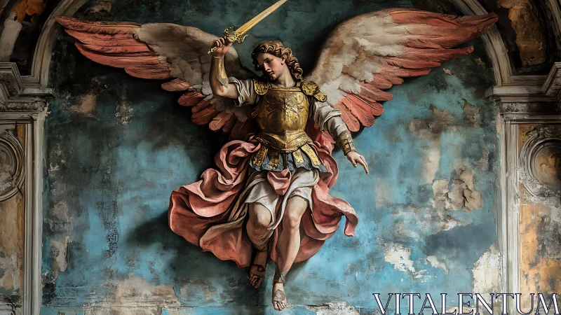 Radiant armored angel rises with sword against weathered wall