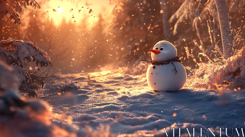Cute cartoon snowman in glowing winter forest sunset.