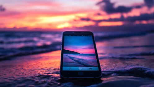 Smartphone captures saturated sunset shoreline with mirrored gradient