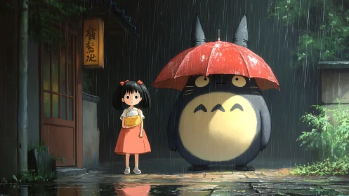 Rainy lane encounter with gentle forest spirit under red umbrella.