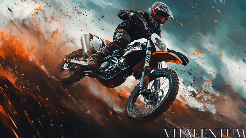 Dynamic motocross rider carving explosive dirt plume field.