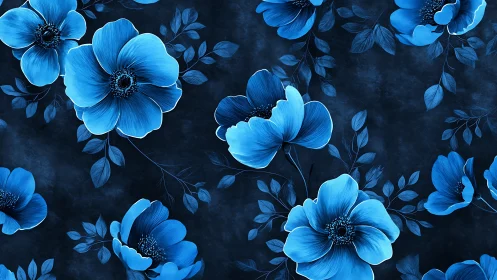 Luminous Blue Blooms Dance Across Midnight Canvas.