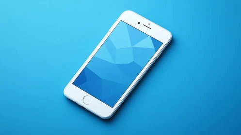 White smartphone displays geometric blue abstract wallpaper design