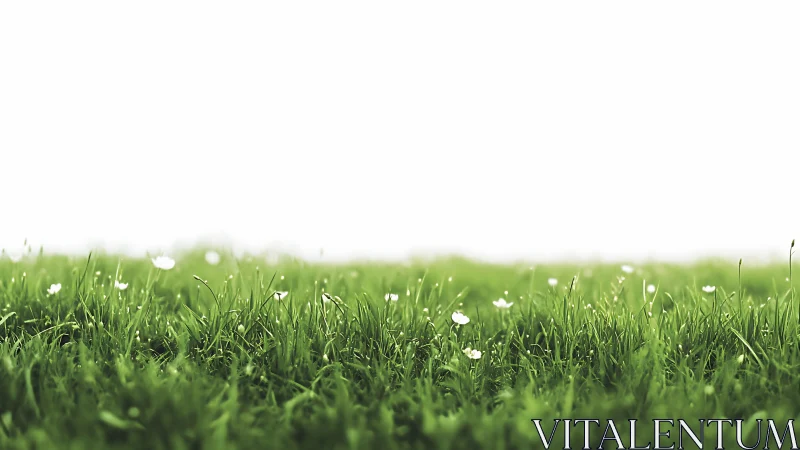 Low-angle view of green grass field with small white flowers.
