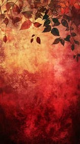 Autumn foliage silhouette overlays a textured crimson gradient field
