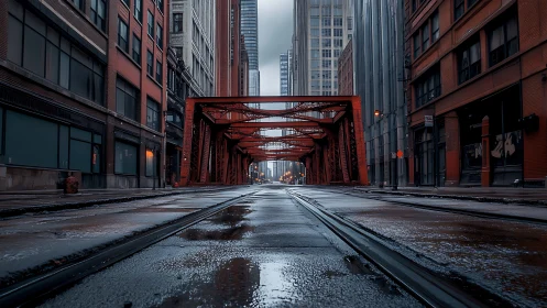 Quiet red bridge in a rain-soaked downtown canyon street.