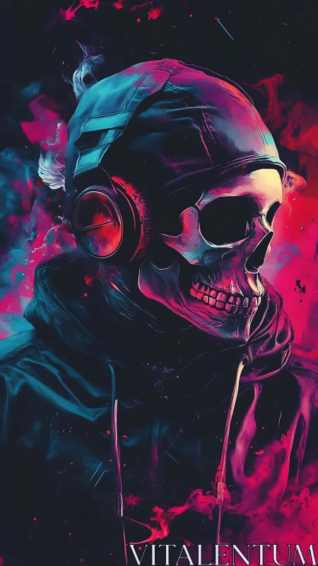 Neon skull DJ wrapped in cosmic smoke and midnight color.