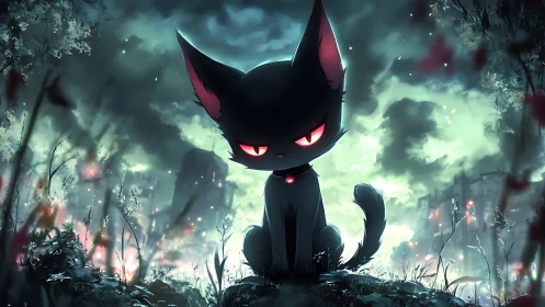 Sinister neon-eyed cat dominates a post-apocalyptic skyline