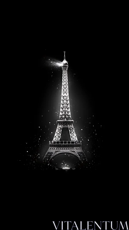 Monochrome Eiffel Tower silhouette on black background.