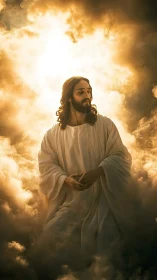 Backlit robed figure emerges from volumetric clouds in warm halo