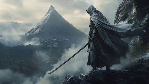 Cloaked swordbearer weighs a mist-wrapped mountain stronghold