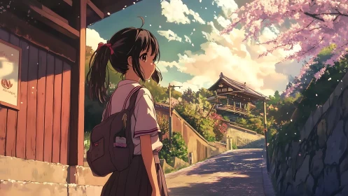 Schoolgirl on sloped street near temple under cherry blossoms.