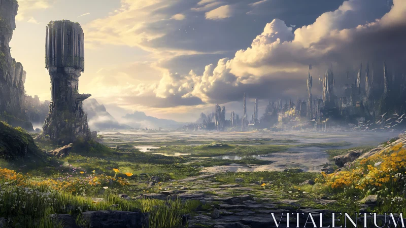 Ruined monolith above luminous wetlands at distant citadel.