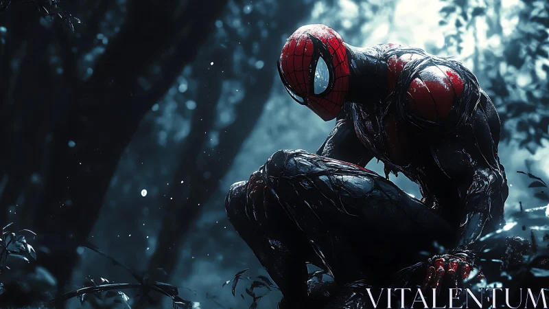Crouching red-suited vigilante rendered in moody forest lighting