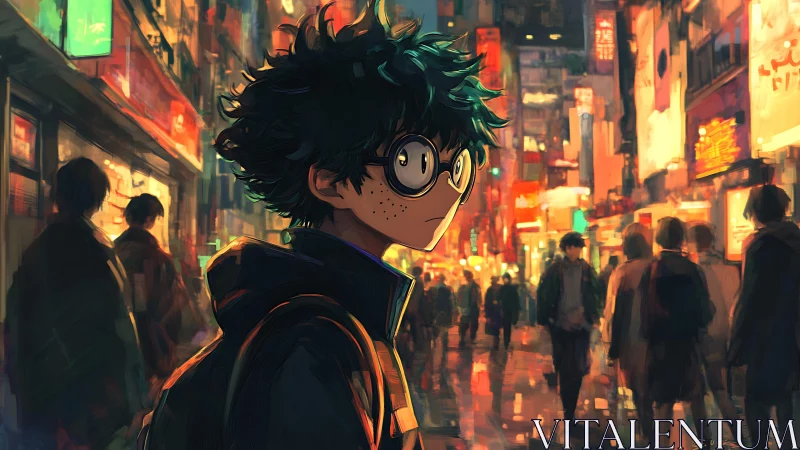Anime boy walks through neon city street at night