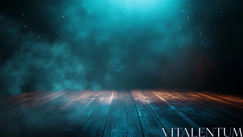 Cinematic wooden stage with atmospheric teal spotlight haze.