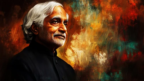 Silver-haired sage studies painted storms of memory