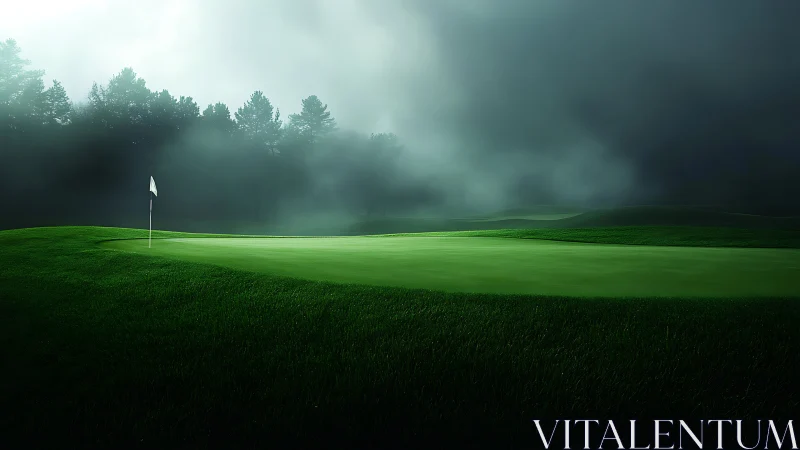 Fog-shrouded golf green under dramatic low-contrast atmospheric light