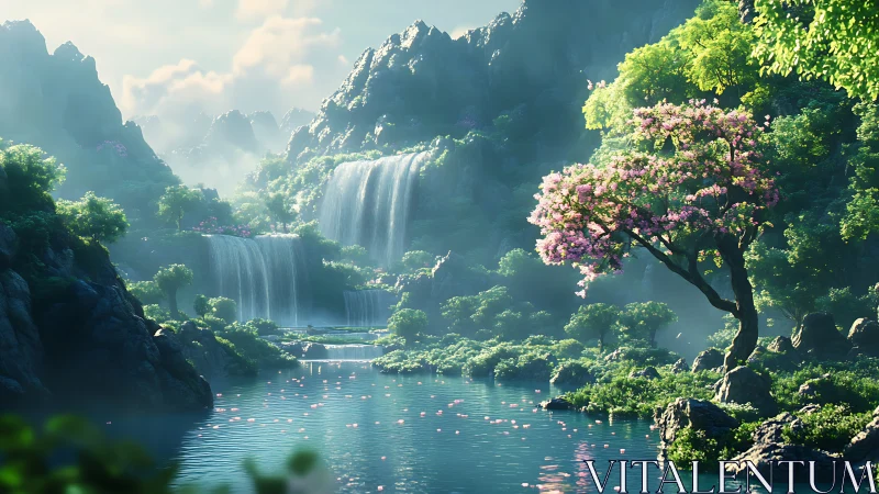 Digital fantasy valley shows waterfalls, lake and flowering tree