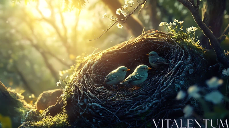 Sunlit nest chorus of baby birds in a softly glowing grove.