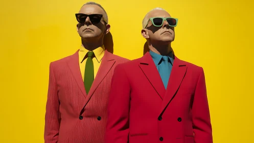Twin neon suits bask against sun-baked yellow silence.