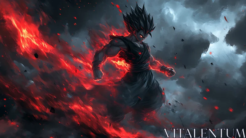 Dark-haired warrior ignites red energy amid storm clouds