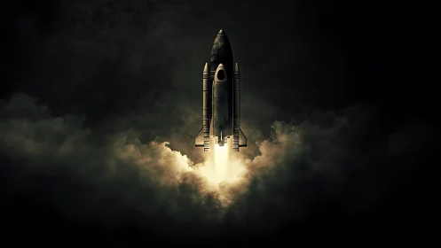 Rocket shuttle ascending through cinematic dark clouds.