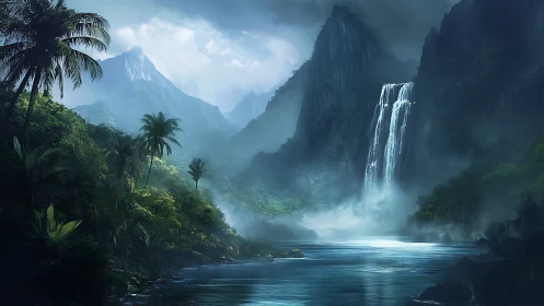 Tropical gorge with waterfall cascading into misty valley basin