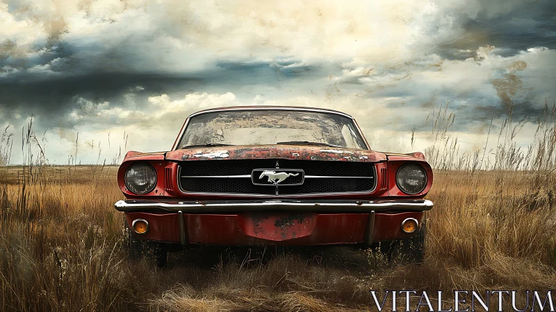 Weathered red Mustang resting proud in a wild prairie field.