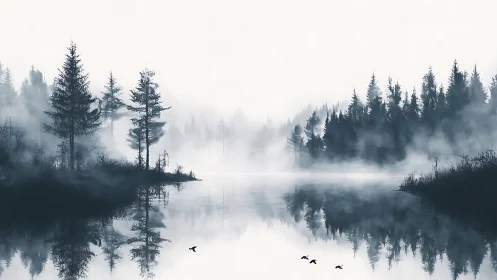 Whispering mist over still forest waters at first light.