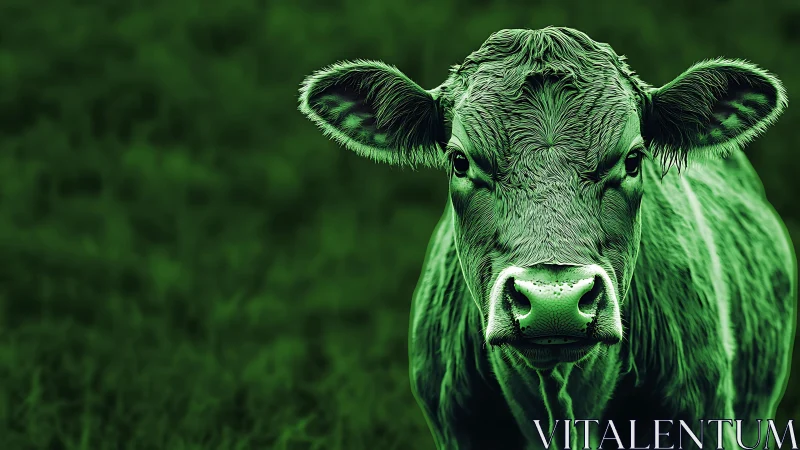 Neon green cow portrait over dark blurred pasture background.