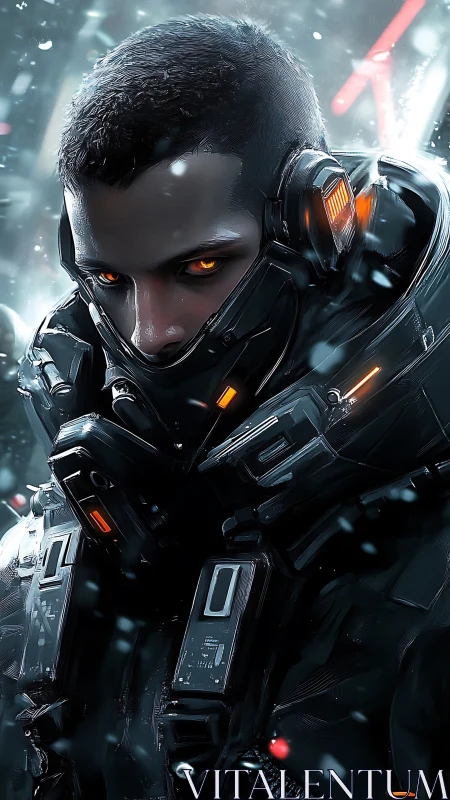 Cybernetic sentinel portrait in neon-lit tactical exosuit design.