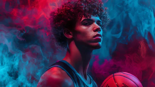 Basketball portrait glows in red and blue neon smoke