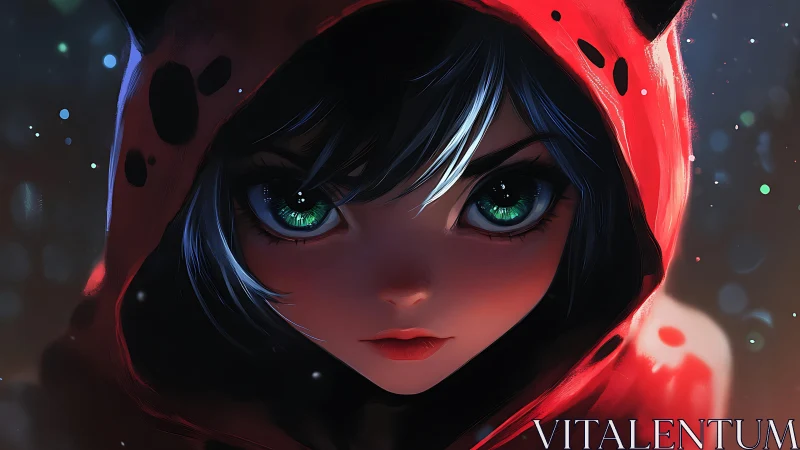 Girl in red hood with intense green eyes at night.