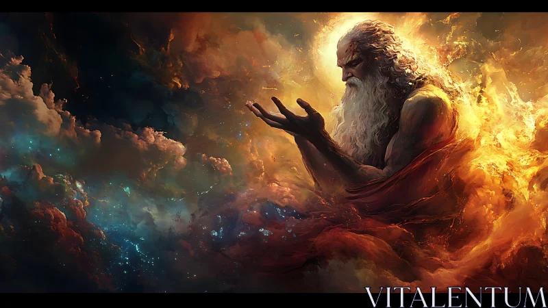 Cosmic elder kindles galaxies between weathered hands