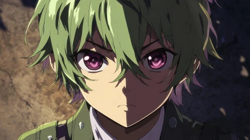 Intense anime hero stares forward in dramatic shadowed light.