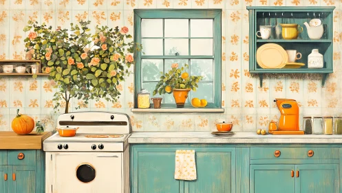 Vintage teal kitchen interior with floral foliage integration.