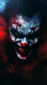 Sinister clown portrait emerges from dark red smoke
