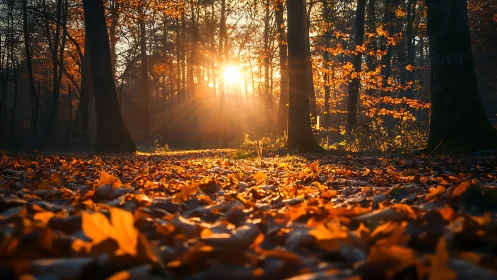 Golden hush of sunrise tangled in an autumn forest floor.