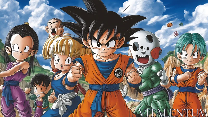 Dragon Ball Z heroes lineup in bright mountain landscape.