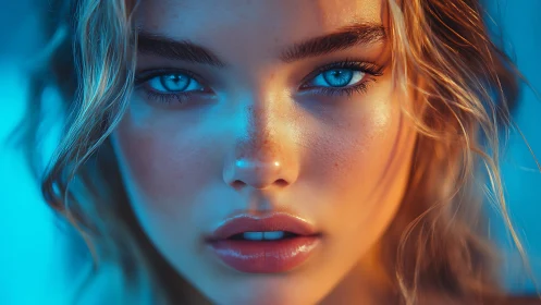 Digital portrait of young woman with intense blue eyes.